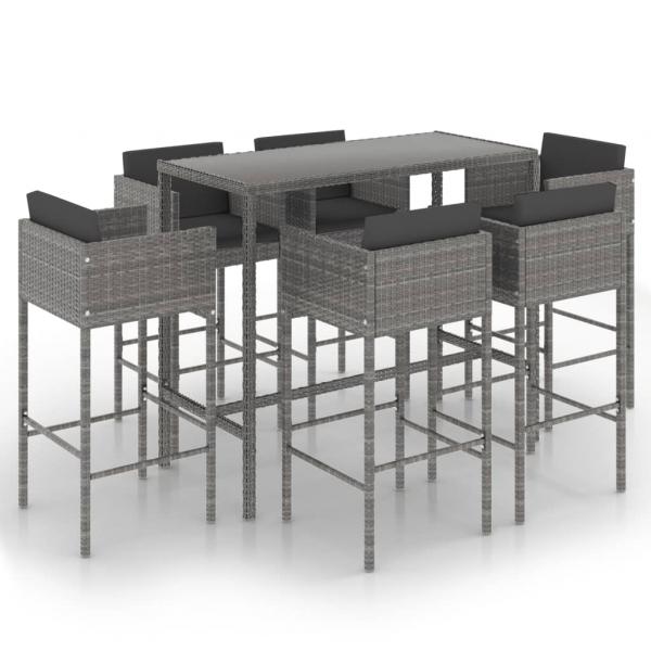 7-tlg. Gartenbar-Set mit Kissen Poly Rattan Grau