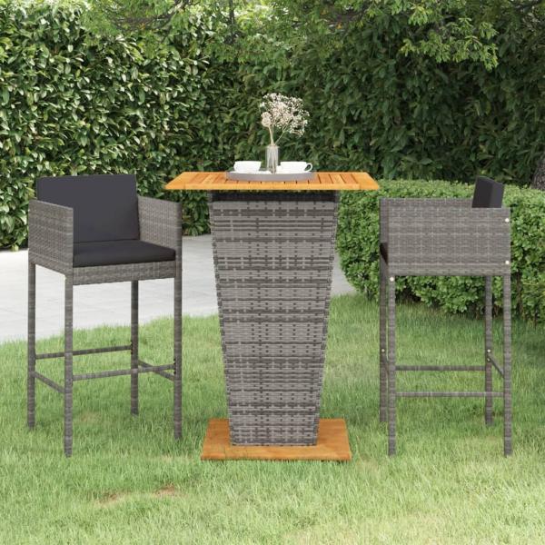 ARDEBO.de - 3-tlg. Gartenbar-Set mit Kissen Poly Rattan Grau