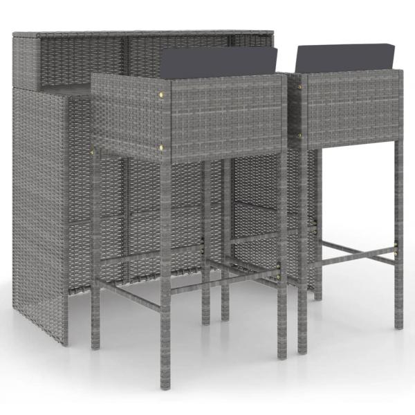 3-tlg. Gartenbar-Set mit Kissen Poly Rattan Grau