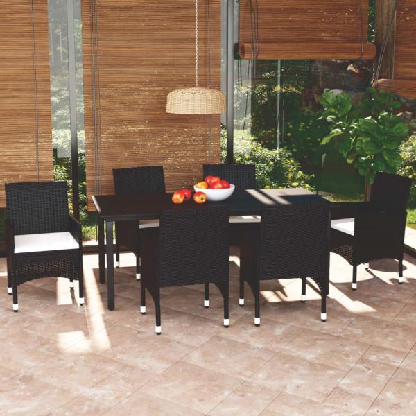 ARDEBO.de - 7-tlg. Garten-Essgruppe mit Kissen Poly Rattan Schwarz