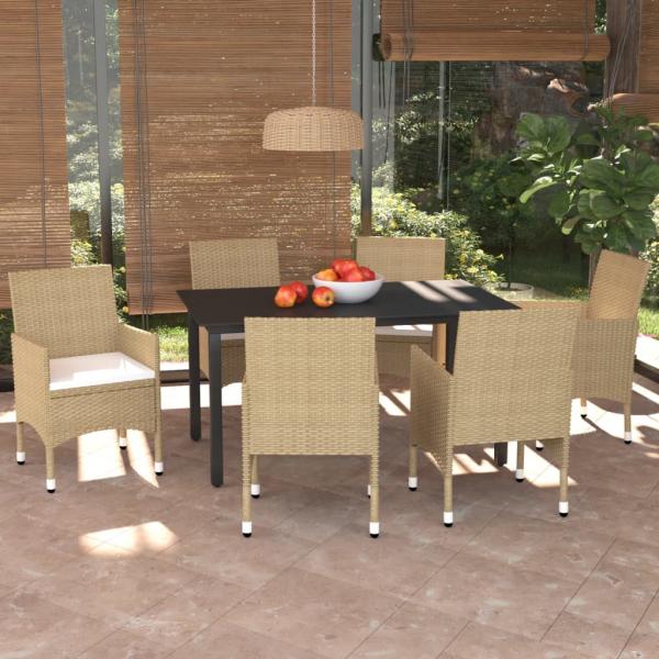 ARDEBO.de - 7-tlg. Garten-Essgruppe mit Kissen Poly Rattan Beige