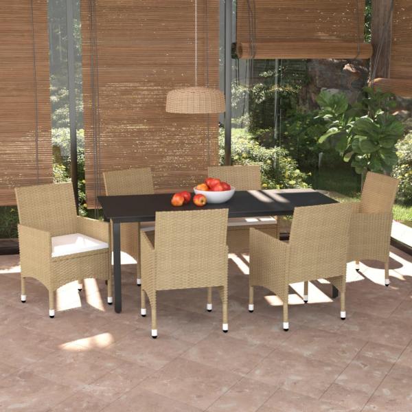 ARDEBO.de - 7-tlg. Garten-Essgruppe mit Kissen Poly Rattan Beige