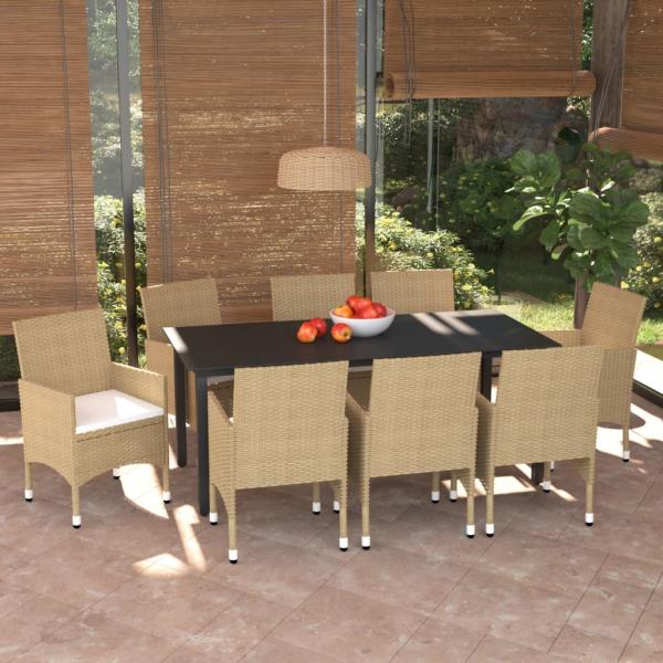 ARDEBO.de - 9-tlg. Garten-Essgruppe mit Kissen Poly Rattan Beige