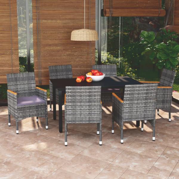 ARDEBO.de - 7-tlg. Garten-Essgruppe mit Kissen Poly Rattan Grau