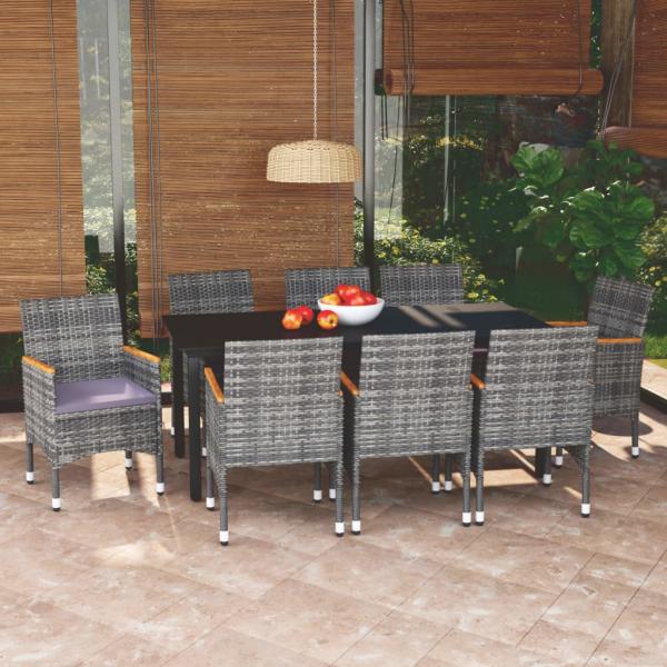 ARDEBO.de - 9-tlg. Garten-Essgruppe mit Kissen Poly Rattan Grau 