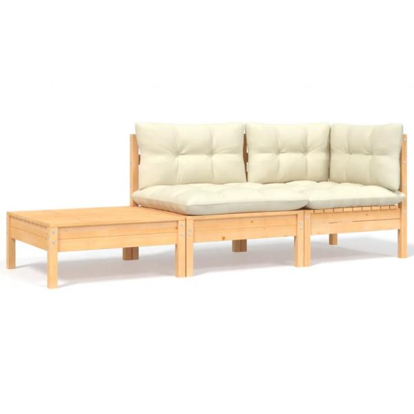 ARDEBO.de - 3-tlg. Garten-Lounge-Set mit Kissen in Creme Massivholz Kiefer