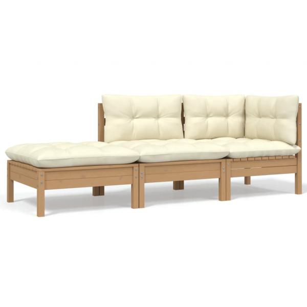 ARDEBO.de - 3-tlg. Garten-Lounge-Set mit Creme Kissen Massivholz Kiefer