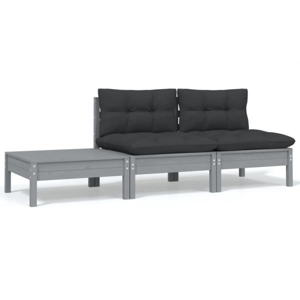 ARDEBO.de - 3-tlg. Garten-Lounge-Set mit Kissen Grau Kiefer Massivholz