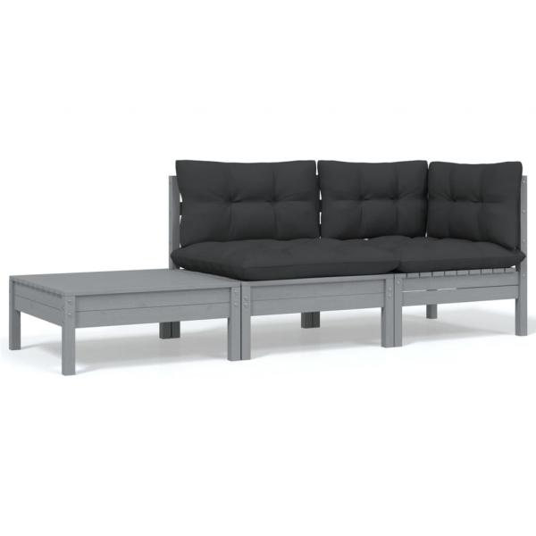 ARDEBO.de - 3-tlg. Garten-Lounge-Set mit Kissen in Grau Kiefer Massivholz