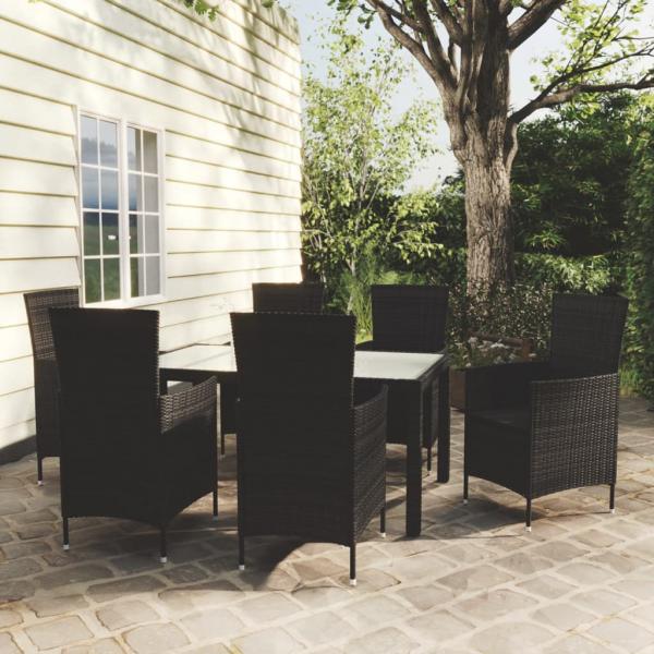 ARDEBO.de - 7-tlg. Garten-Essgruppe mit Auflagen Poly Rattan Schwarz