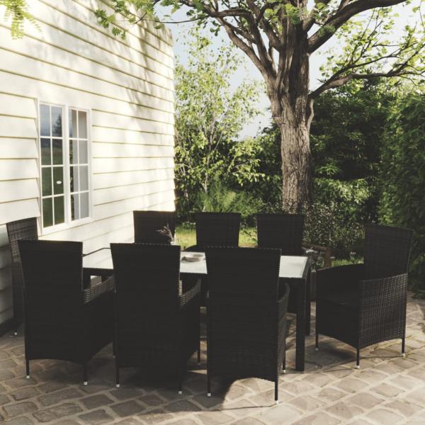 ARDEBO.de - 9-tlg. Garten-Essgruppe mit Kissen Poly Rattan Schwarz