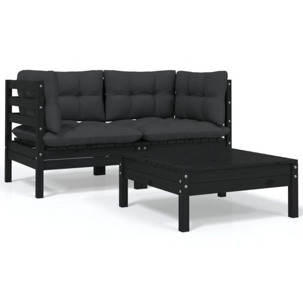 ARDEBO.de - 3-tlg. Garten-Lounge-Set mit Kissen Schwarz Kiefer Massivholz