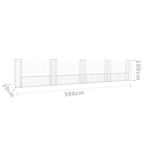 Gabionenkorb U-Form mit 5 Säulen Eisen 500x20x100 cm