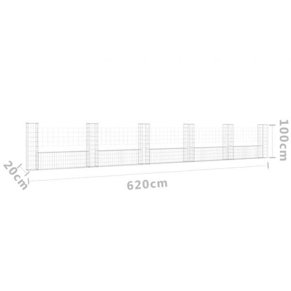 Gabionenkorb U-Form mit 6 Säulen Eisen 620x20x100 cm