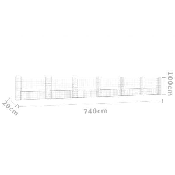 Gabionenkorb U-Form mit 7 Säulen Eisen 740x20x100 cm