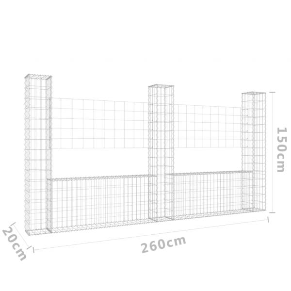 Gabionenkorb U-Form mit 3 Säulen Eisen 260x20x150 cm