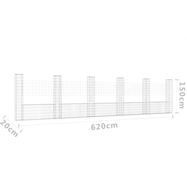 Gabionenkorb U-Form mit 6 Säulen Eisen 620x20x150 cm