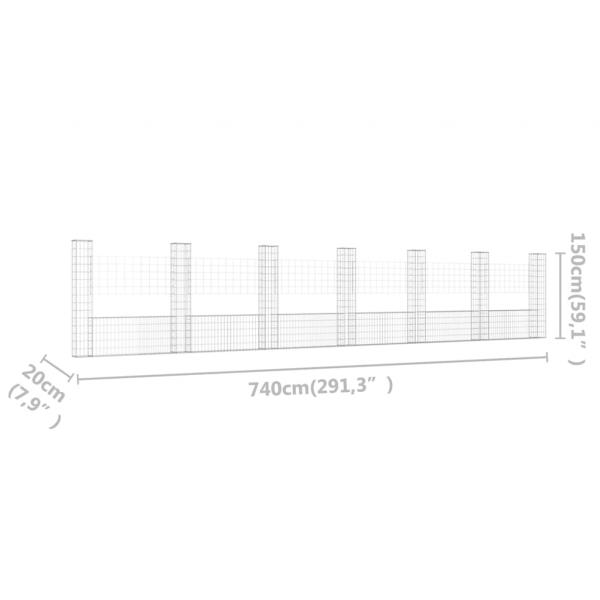 Gabionenkorb U-Form mit 7 Säulen Eisen 740x20x150 cm