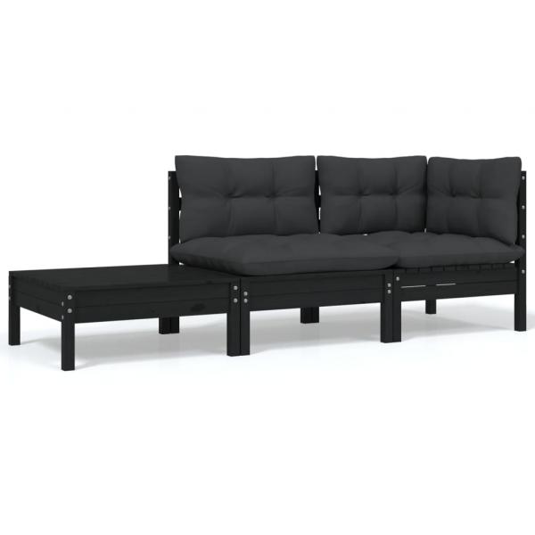 ARDEBO.de - 3-tlg. Garten-Lounge-Set mit Kissen Schwarz Kiefer Massivholz