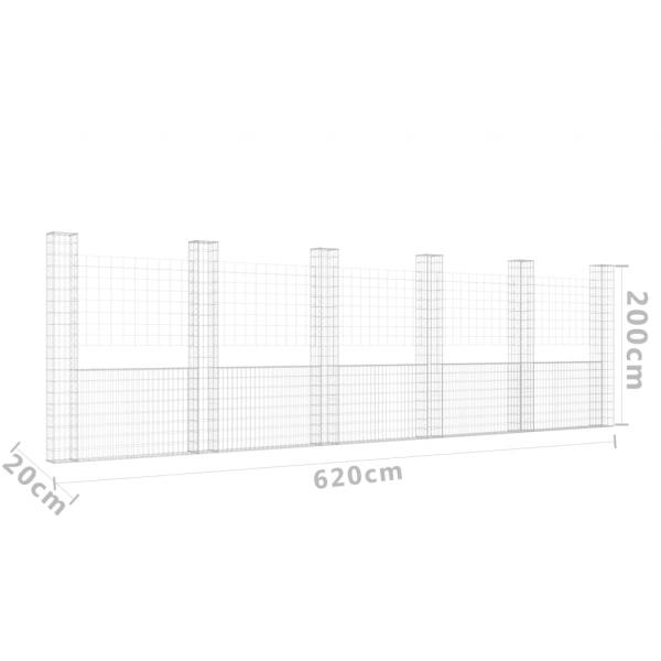 Gabionenkorb U-Form mit 6 Säulen Eisen 620x20x200 cm