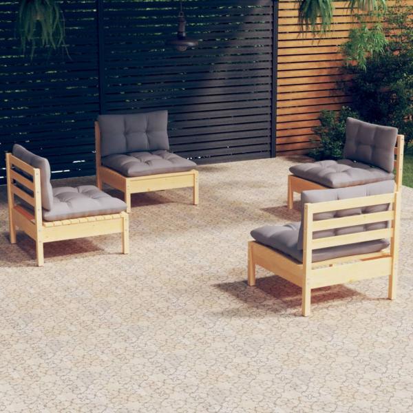 ARDEBO.de - 4-tlg. Garten-Lounge-Set mit Grauen Kissen Kiefernholz