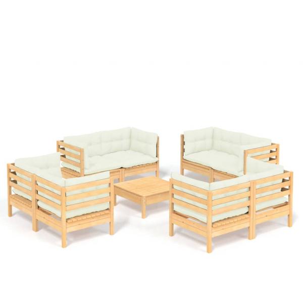 9-tlg. Garten-Lounge-Set mit Creme Kissen Kiefernholz