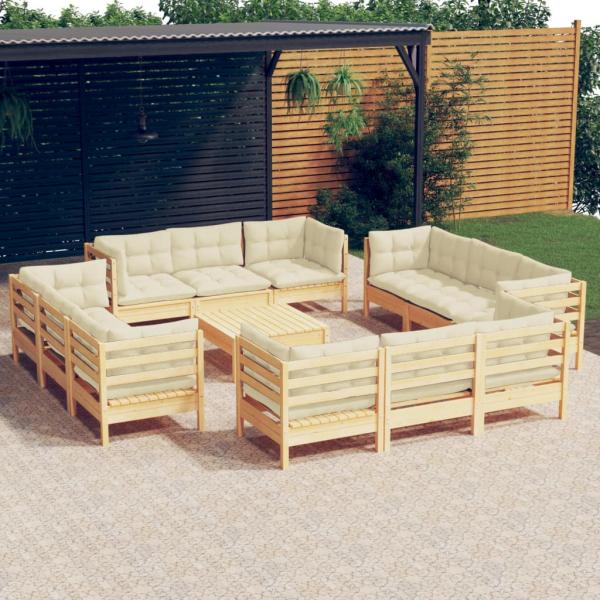 ARDEBO.de - 13-tlg. Garten-Lounge-Set mit Creme Kissen Kiefernholz