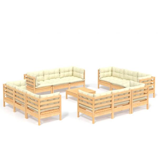 13-tlg. Garten-Lounge-Set mit Creme Kissen Kiefernholz