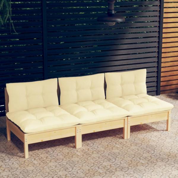 ARDEBO.de - 3-Sitzer-Gartensofa mit Creme Kissen Massivholz Kiefer