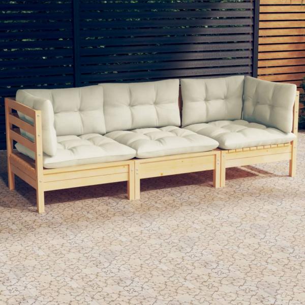 ARDEBO.de - 3-Sitzer-Gartensofa mit Creme Kissen Massivholz Kiefer