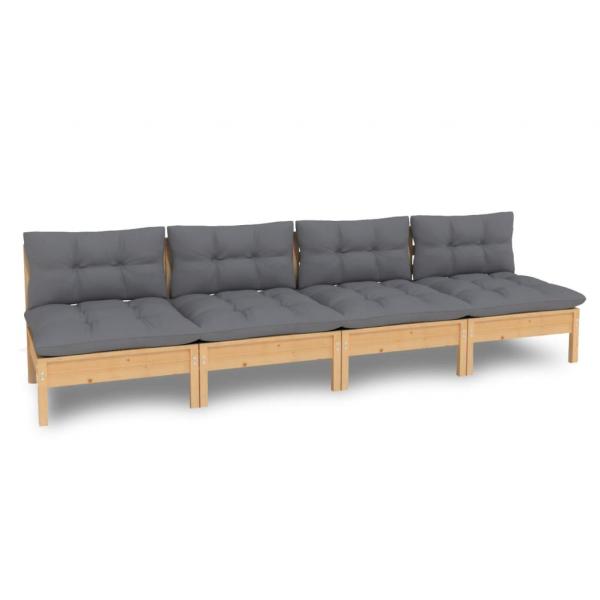 4-Sitzer-Gartensofa mit Grauen Kissen Massivholz Kiefer