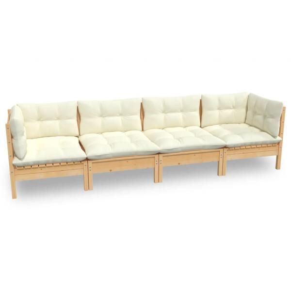 4-tlg. Garten-Lounge-Set mit Creme Kissen Massivholz Kiefer