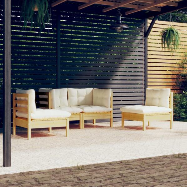 ARDEBO.de - 4-tlg. Garten-Lounge-Set mit Creme Kissen Massivholz Kiefer