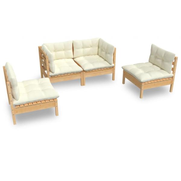 4-tlg. Garten-Lounge-Set mit Creme Kissen Massivholz Kiefer