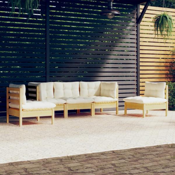 ARDEBO.de - 5-tlg. Garten-Lounge-Set mit Creme Kissen Massivholz Kiefer