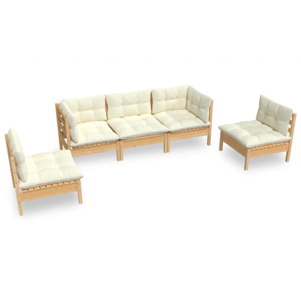 5-tlg. Garten-Lounge-Set mit Creme Kissen Massivholz Kiefer