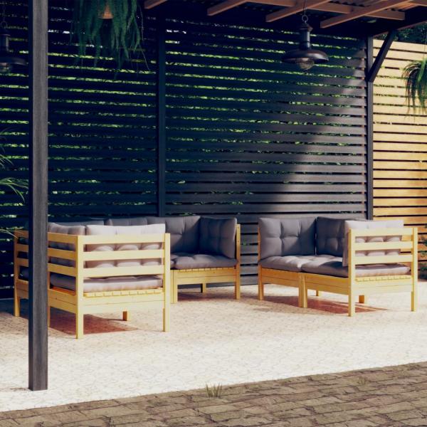 ARDEBO.de - 6-tlg. Garten-Lounge-Set mit Grauen Kissen Kiefer Massivholz