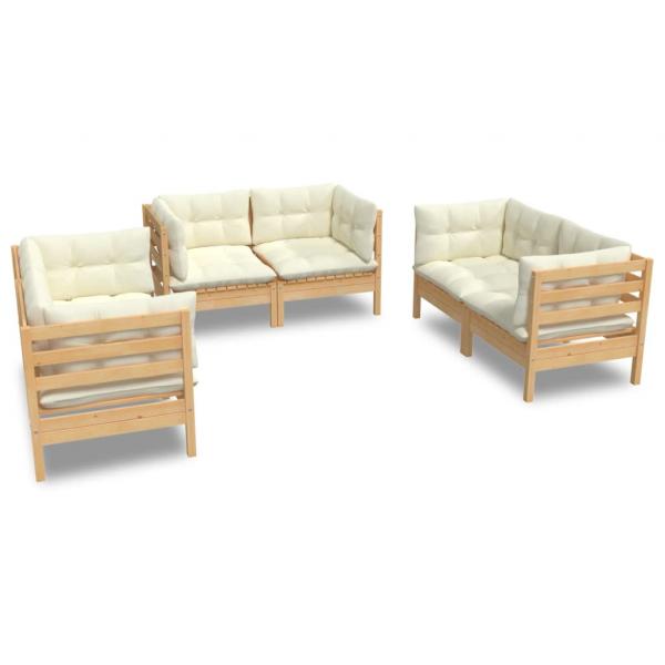 6-tlg. Garten-Lounge-Set mit Creme Kissen Massivholz Kiefer