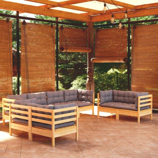 ARDEBO.de - 8-tlg. Garten-Lounge-Set mit Grauen Kissen Kiefer Massivholz