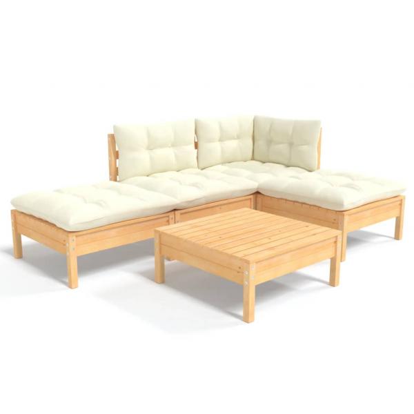 5-tlg. Garten-Lounge-Set mit Creme Kissen Kiefernholz