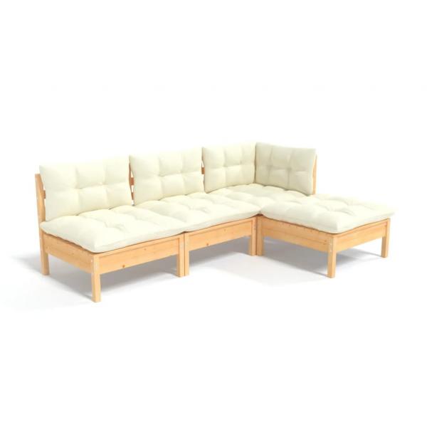 4-tlg. Garten-Lounge-Set mit Creme Kissen Kiefernholz