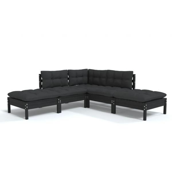 5-tlg. Garten-Lounge-Set mit Kissen Schwarz Kiefernholz