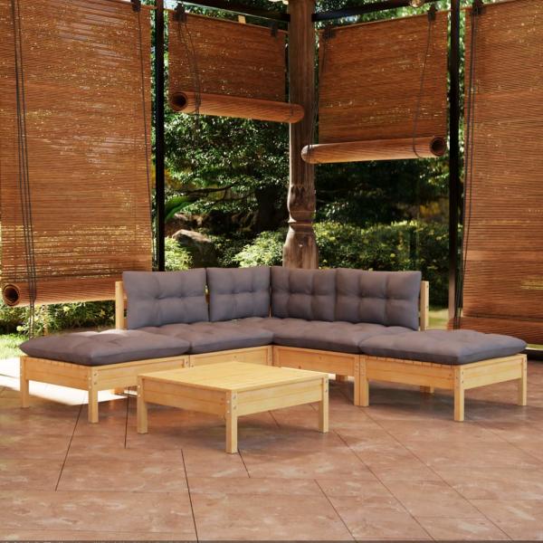 ARDEBO.de - 6-tlg. Garten-Lounge-Set mit Grauen Kissen Kiefernholz