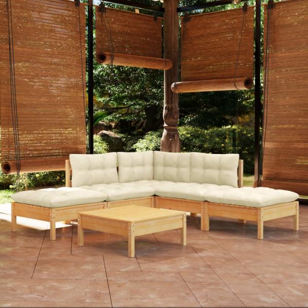 ARDEBO.de - 6-tlg. Garten-Lounge-Set mit Creme Kissen Kiefernholz