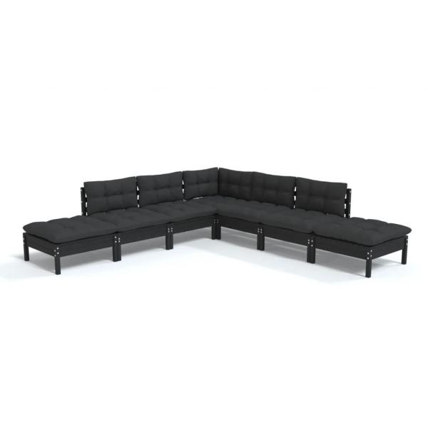 7-tlg. Garten-Lounge-Set mit Kissen Schwarz Kiefernholz