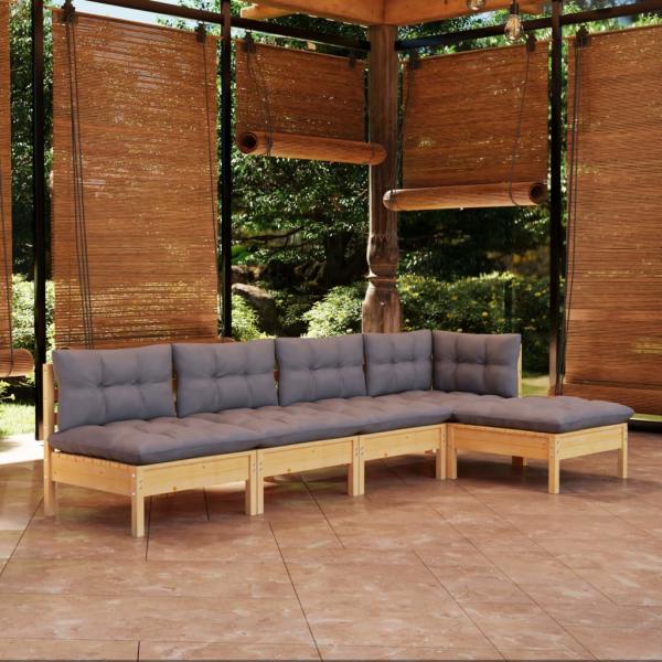 ARDEBO.de - 5-tlg. Garten-Lounge-Set mit Grauen Kissen Kiefernholz