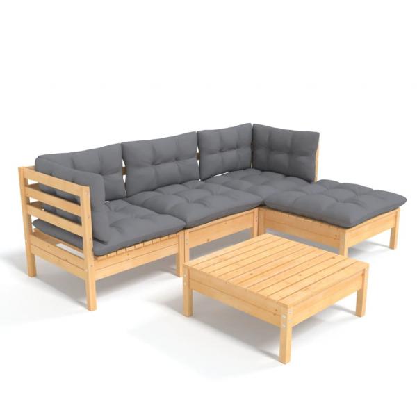 5-tlg. Garten-Lounge-Set mit Grauen Kissen Kiefernholz