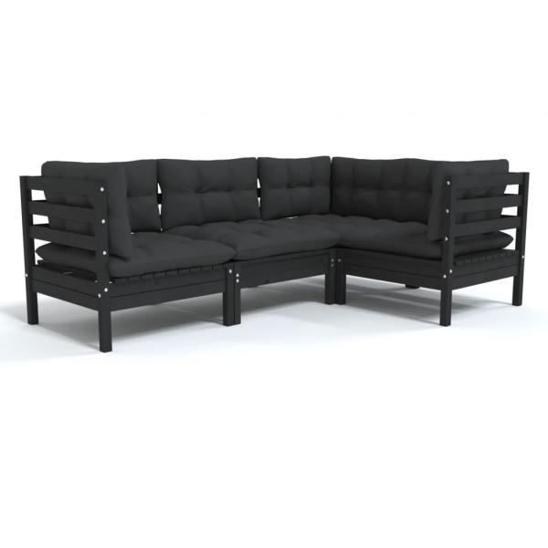 4-tlg. Garten-Lounge-Set mit Kissen Schwarz Kiefernholz