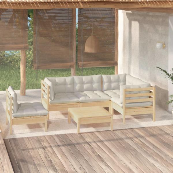 ARDEBO.de - 6-tlg. Garten-Lounge-Set mit Creme Kissen Kiefernholz