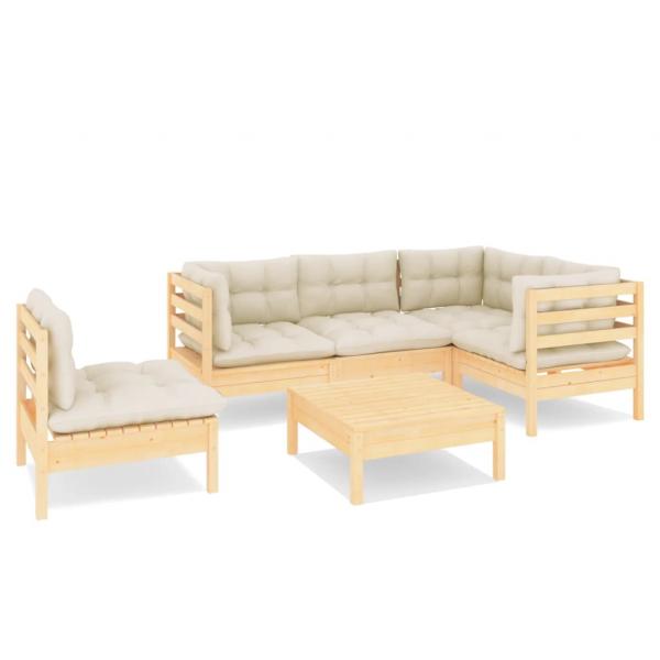 6-tlg. Garten-Lounge-Set mit Creme Kissen Kiefernholz